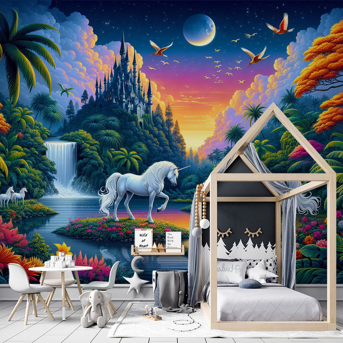 Unicorn Mural Wallpaper | Tropical Decor with Unicorn and Waterfall