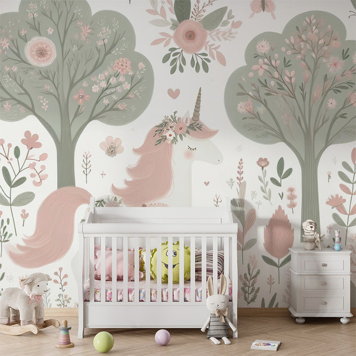 Unicorn Mural Wallpaper | Drawing of an Enchanted Forest and Imaginary Animals