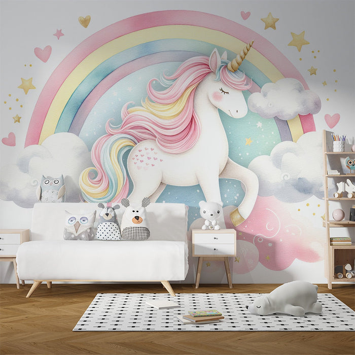 Unicorn Mural Wallpaper | Drawing of a Rainbow Unicorn with Clouds