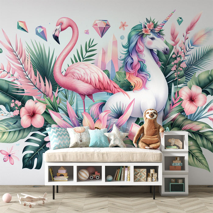 Unicorn Mural Wallpaper | Pink Flamingo, Foliage, and Tropical Flowers