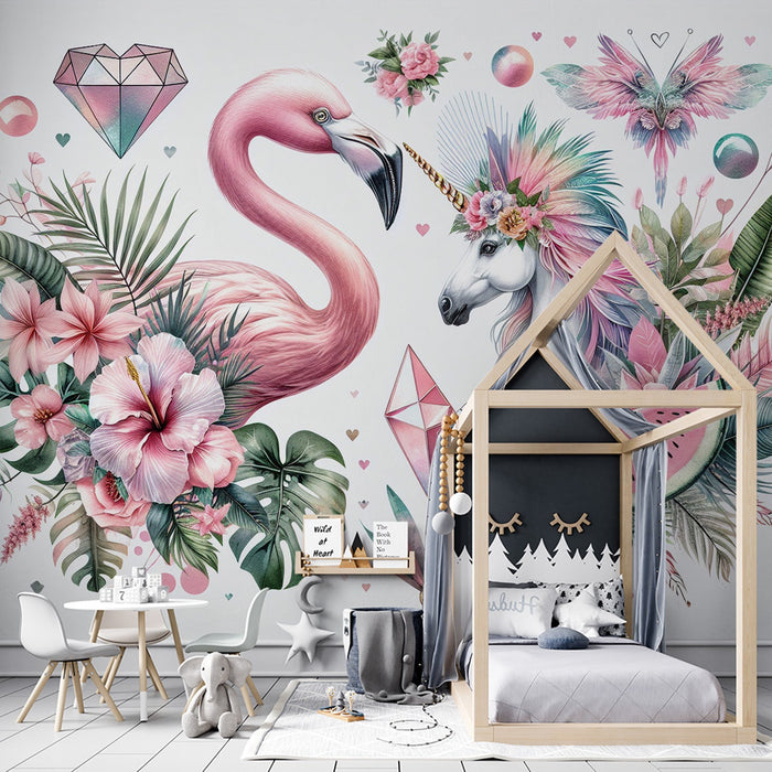 Unicorn Mural Wallpaper | Pink Flamingo, Colorful Foliage, and Rainbow Unicorn