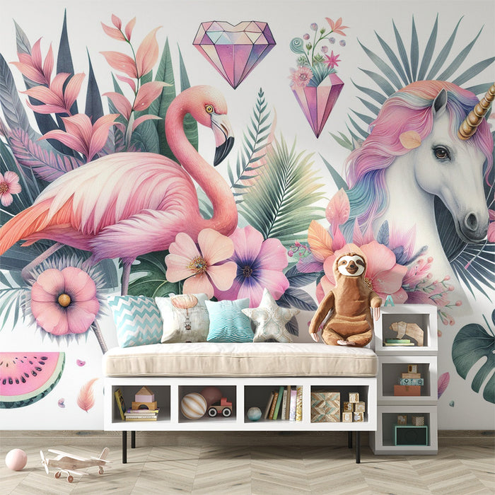 Unicorn Mural Wallpaper | Pink Flamingo, Retro Flowers and Colors