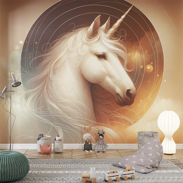 Unicorn Mural Wallpaper | Beige Background with Sublime White Unicorn