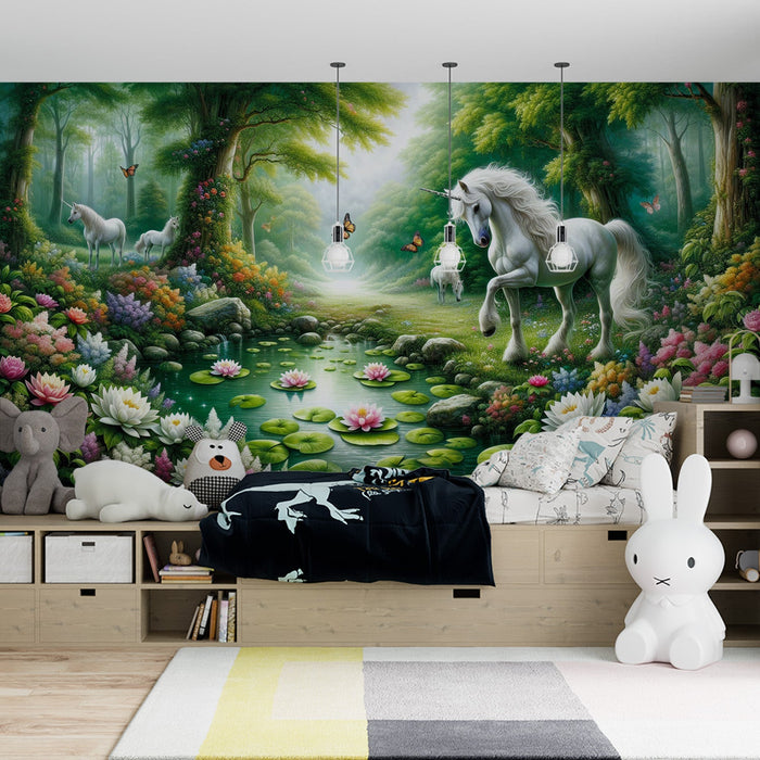 Unicorn Mural Wallpaper | Enchanted Forest with Butterflies and Pond
