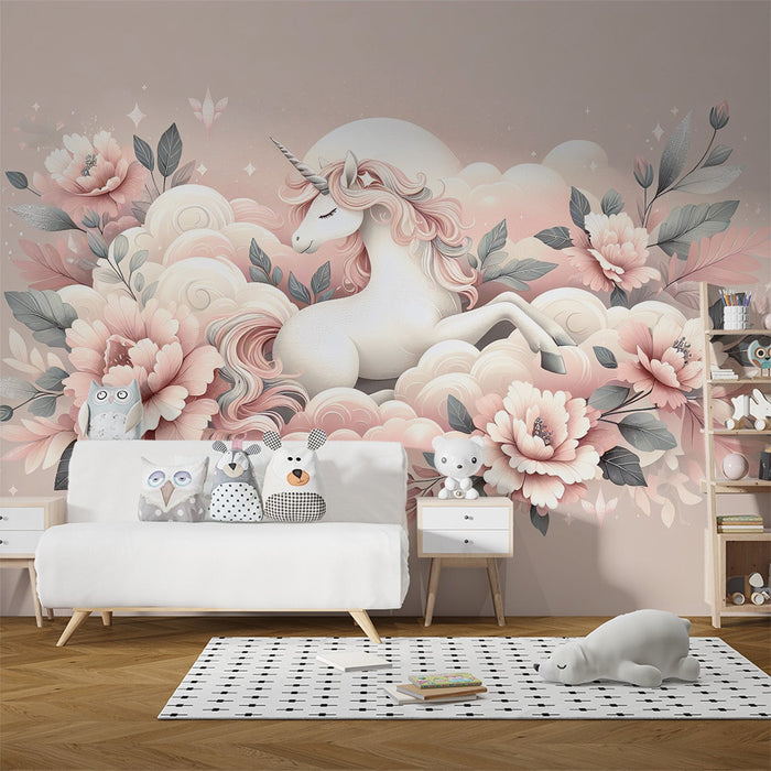 Papel de parede com mural de unicórnio | Nuvens de flores cor-de-rosa e unicórnio deitado