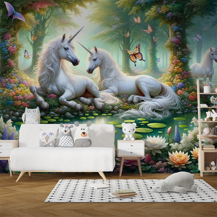 Unicorn Mural Wallpaper | Butterflies, Ponds, and Water Lilies