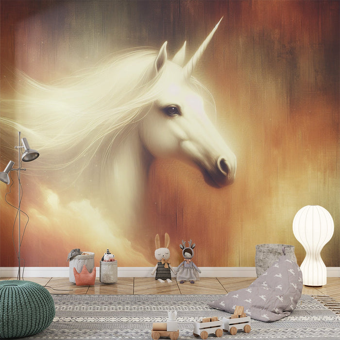 Unicorn Mural Wallpaper | Magical Passage of a White Unicorn on Vintage Background