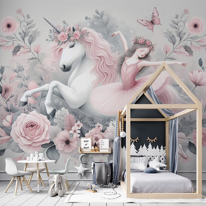 Unicorn Mural Wallpaper | Little Girl in Tutu and Pink Flowers