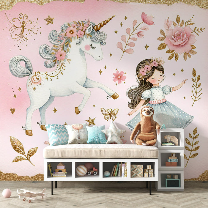 Unicorn Mural Wallpaper | Little Girl and Dancing Unicorn