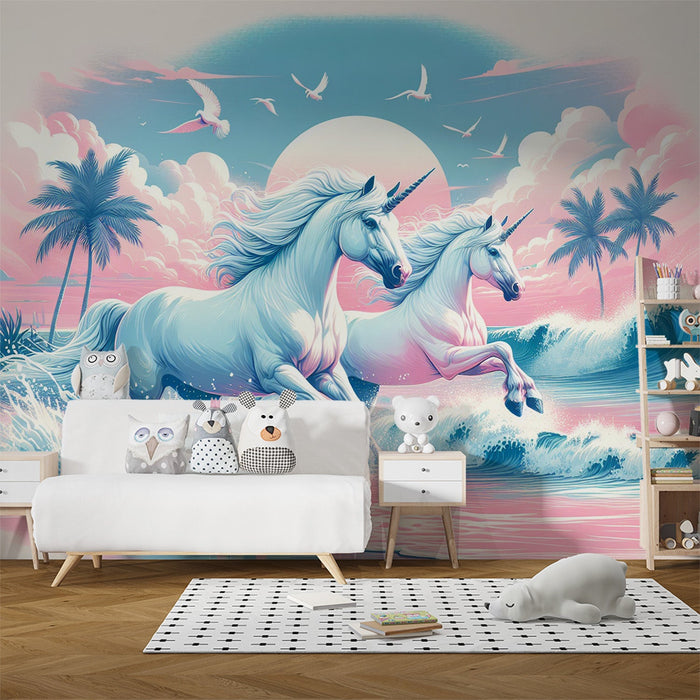 Unicorn Mural Wallpaper | Tropical Beach with Pink and Blue Background