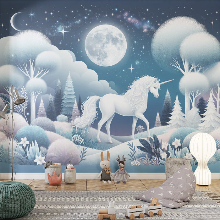 Unicorn Mural Wallpaper | Full Moon and Magical Unicorn in an Enchanted Forest