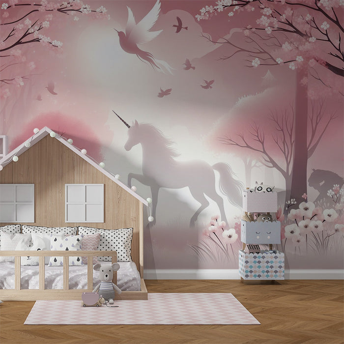 Unicorn Mural Wallpaper | Imaginary Animal Silhouettes in the Middle of the Pink Forest