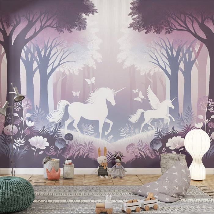 Unicorn Mural Wallpaper | White Unicorn Silhouettes in a Pink-Toned Forest