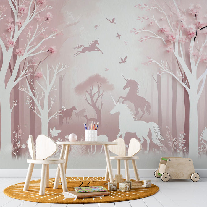 Unicorn Mural Wallpaper | Unicorn Silhouettes in a Pink Forest