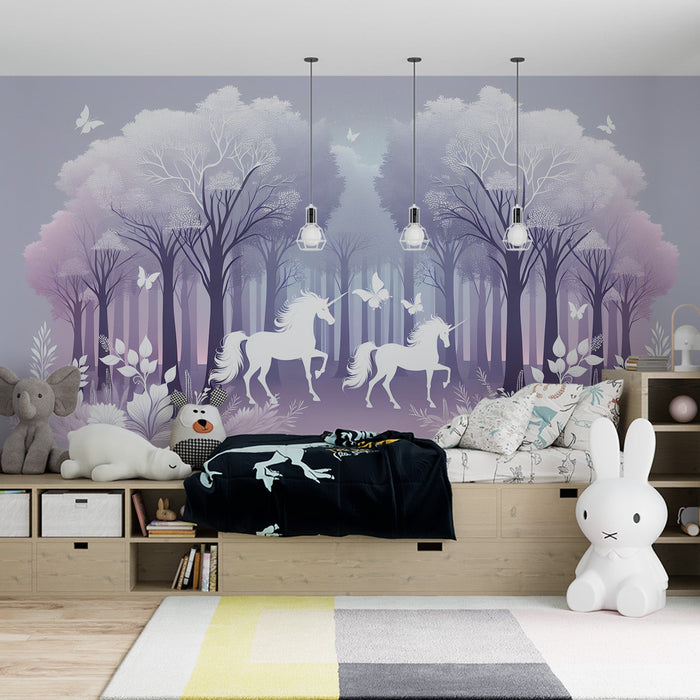 Papel pintado de unicornio | Siluetas de unicornio en un bosque morado
