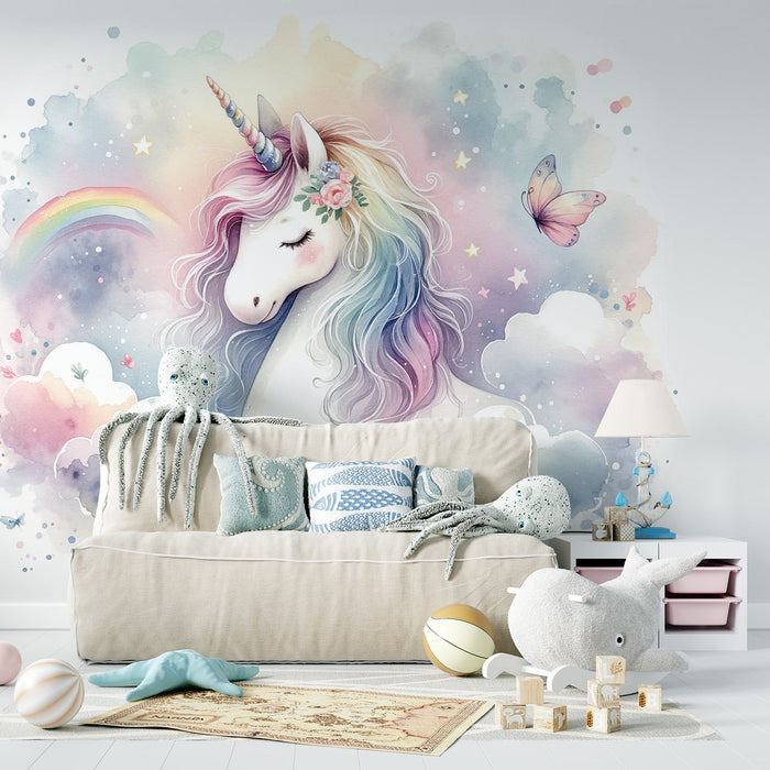 Unicorn Mural Wallpaper | Watercolor with Rainbow
