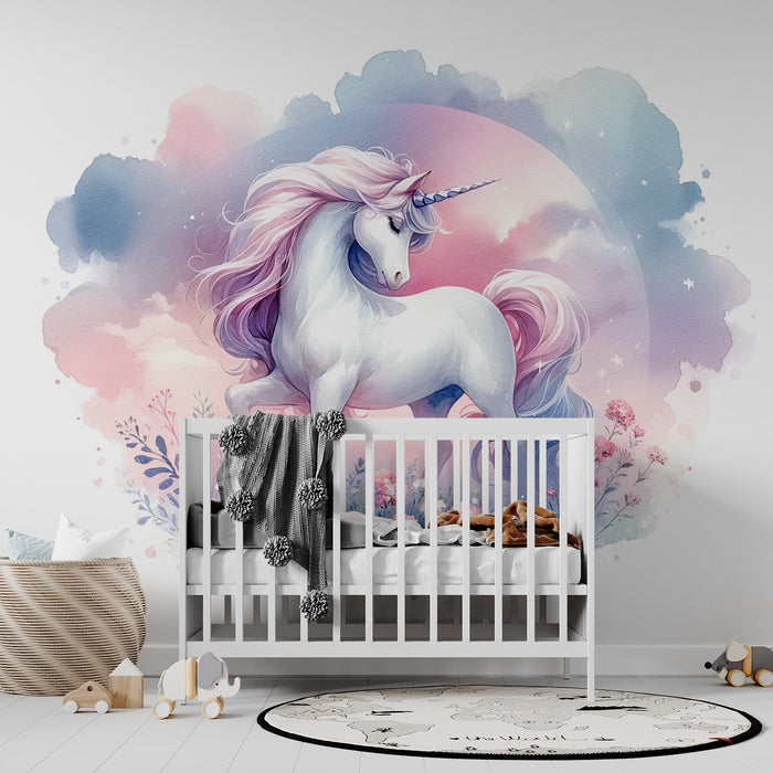 Unicorn Mural Wallpaper | Pink and Blue Watercolor Floral