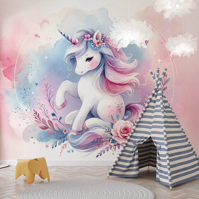 Unicorn Mural Wallpaper | Watercolor Flowers and Little Unicorn