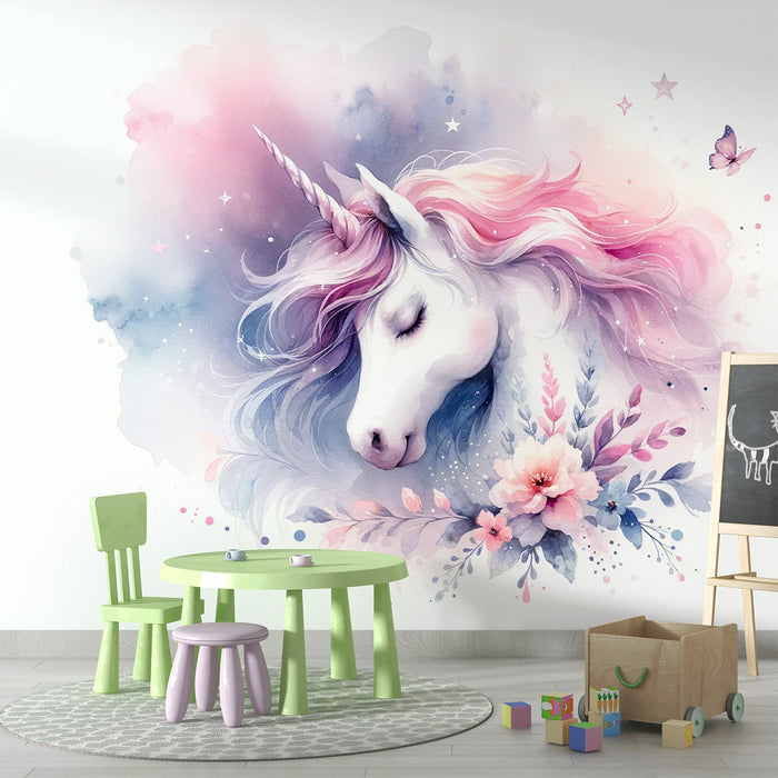 Unicorn Mural Wallpaper | Watercolor Butterfly and Flowers