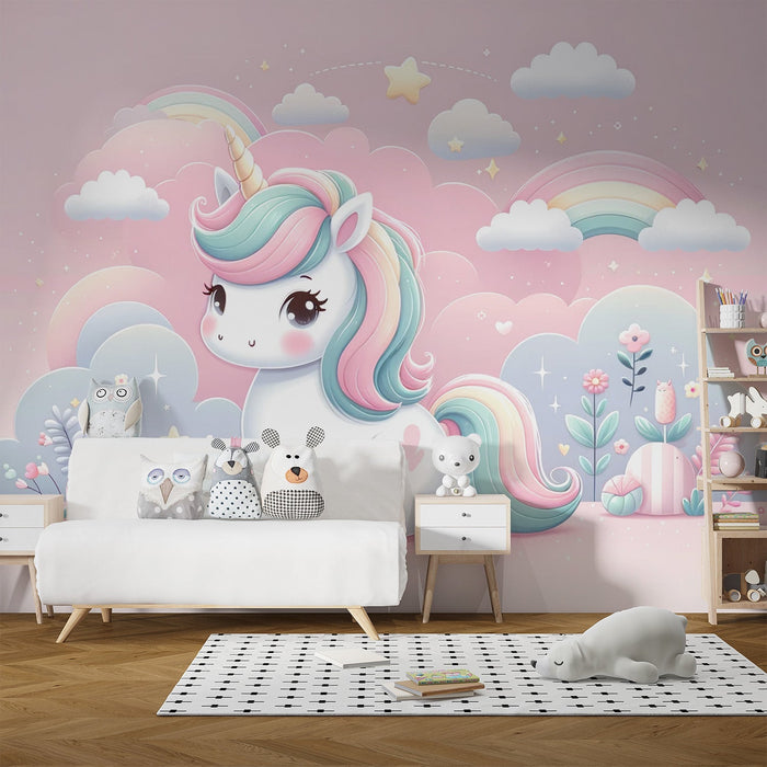 Unicorn Mural Wallpaper | Rainbow, Clouds, and Flowers