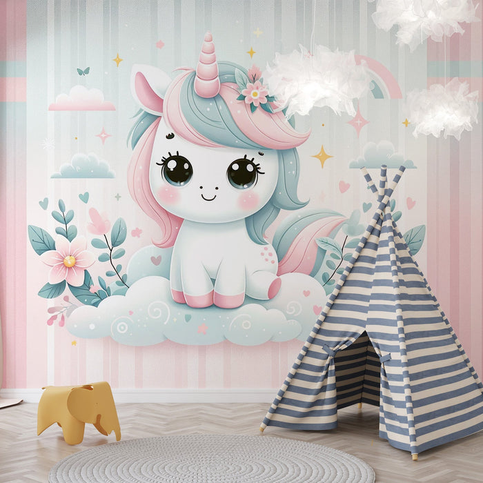 Unicorn Mural Wallpaper | Striped Background with Small Cloud