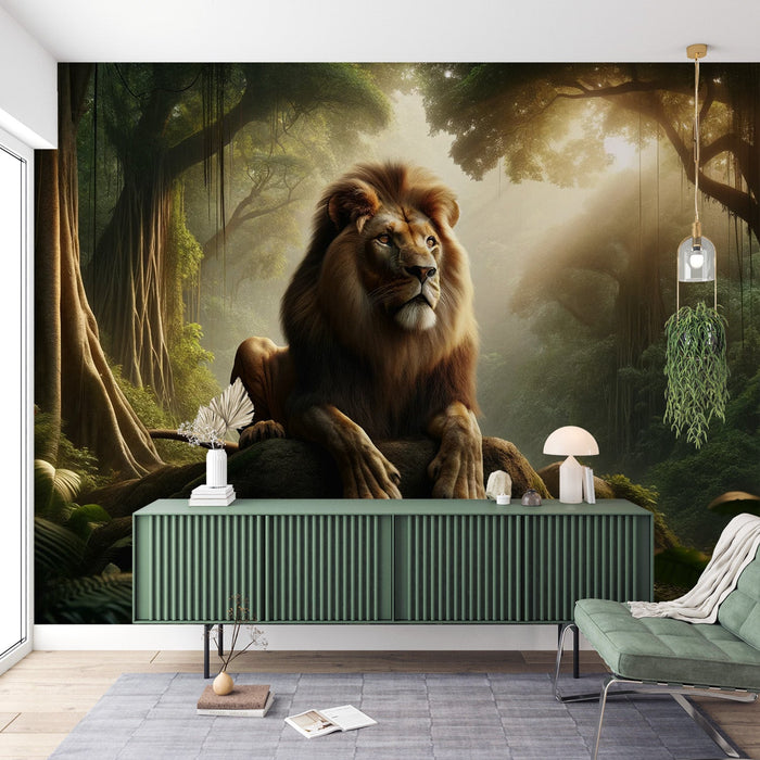 Lion Mural Wallpaper | On a Rock in the Jungle
