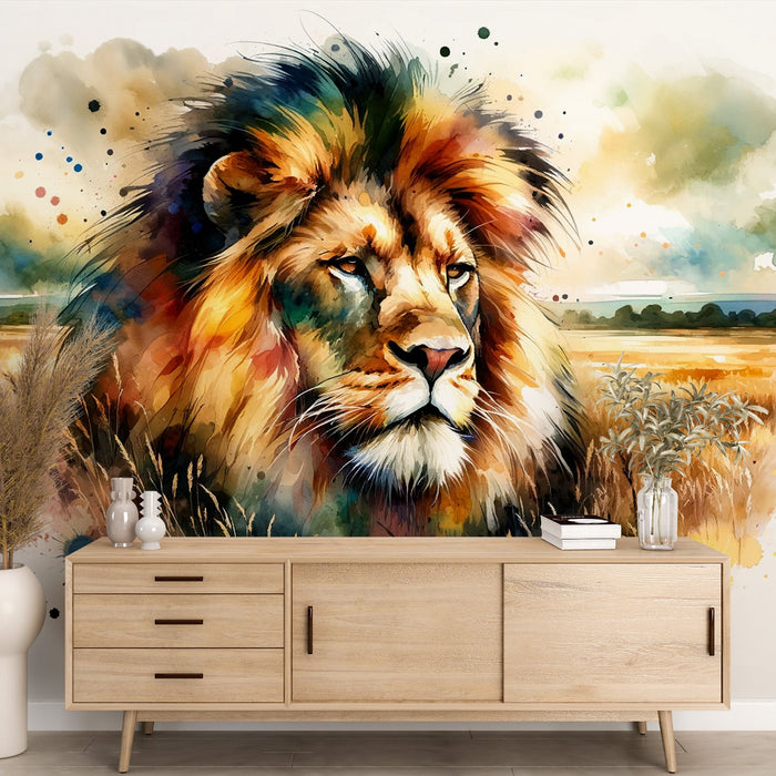 Lion Mural Wallpaper | Head in the Savanna in Watercolor
