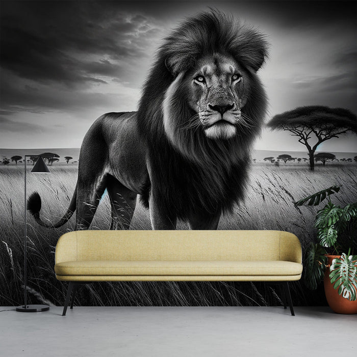 Black and white lion Mural Wallpaper | Standing facing the camera