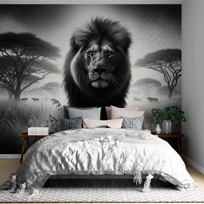 Black and White Lion Mural Wallpaper | Facing Forward in the Savannah