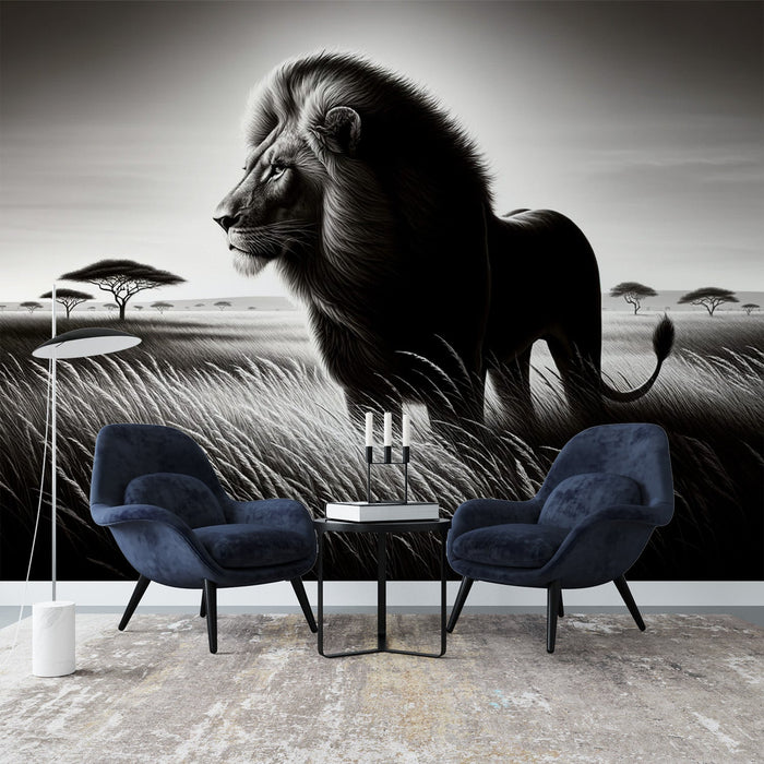 Black and White Lion Mural Wallpaper | Profile in the Savannah