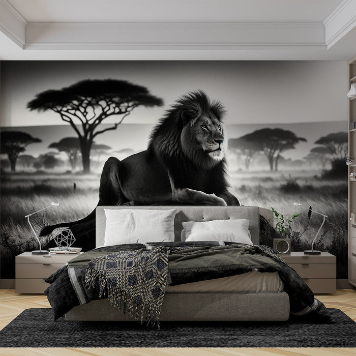 Black and White Lion Mural Wallpaper | On a Rock in the Middle of the Savannah