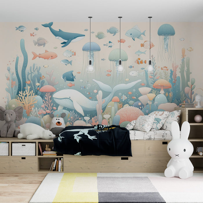 Papel de parede com mural marinho | Fauna e flora subaquáticas com tons pastel