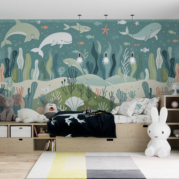 Papel de parede de mural marinho | Baleias, peixes, algas e conchas