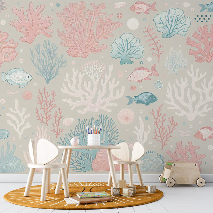 Marine Mural Wallpaper | Blue and Red Toned Corals and Fish