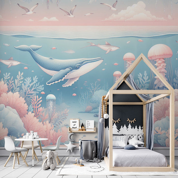 Marine Mural Wallpaper | Jellyfish, Whales, and Massive Corals