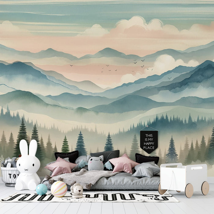 Baby Mountain Mural Wallpaper | Colorful Watercolor with Forest and Mountain