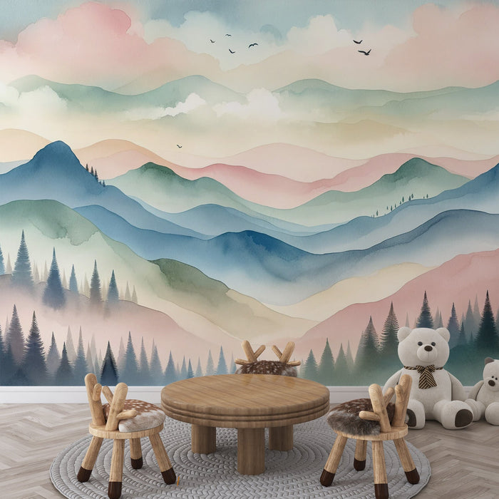 Baby Mountain Mural Wallpaper | Watercolor Green Forest, Colorful Mountains, and Clouds