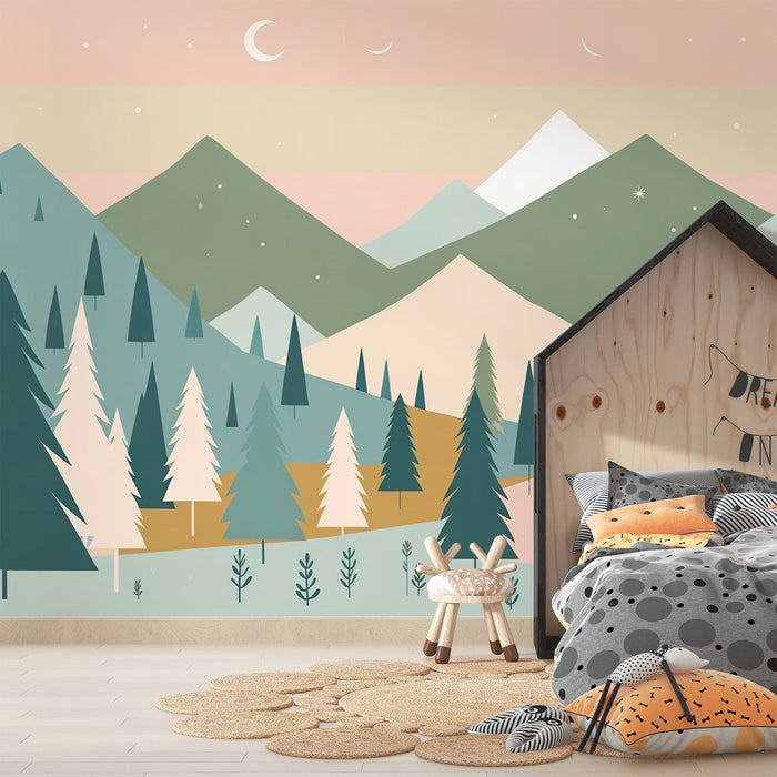 Baby Mountain Mural Wallpaper | Crescent Moon and Forest in a Mountain Valley