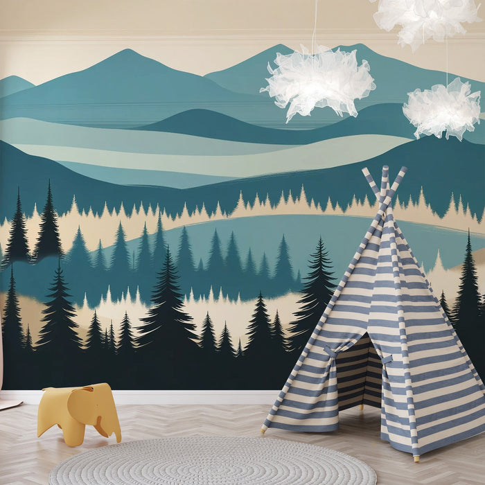 Baby Mountain Mural Wallpaper | Forest and Mountain in Blue Tones