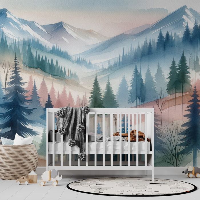 Baby Mountain Mural Wallpaper | Blue Mountain and Tall Fir Trees