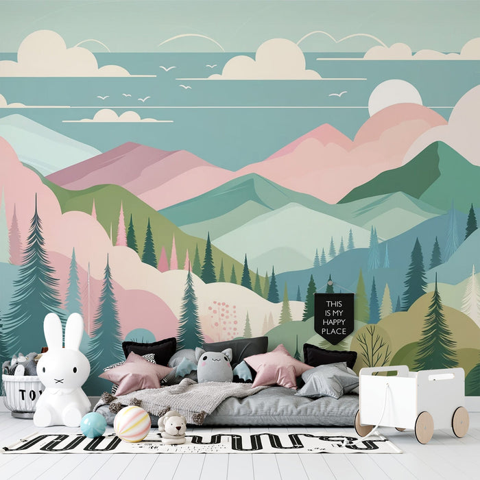 Baby mountain Mural Wallpaper | Multicolored mountains and green forests
