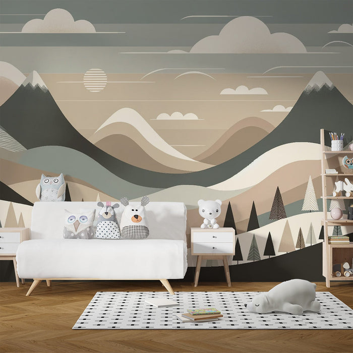 Baby Mountain Mural Wallpaper | Snowy Mountains in Neutral Tones