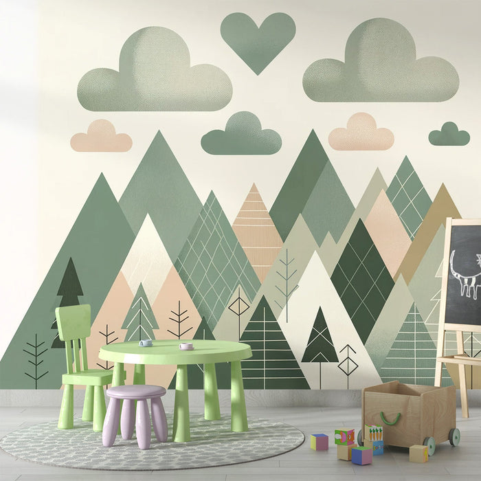 Baby Mountain Mural Wallpaper | Heart-shaped Cloud and Pointed Mountains