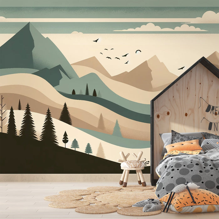 Baby Mountain Mural Wallpaper | Bear, Valley, and Fir Trees