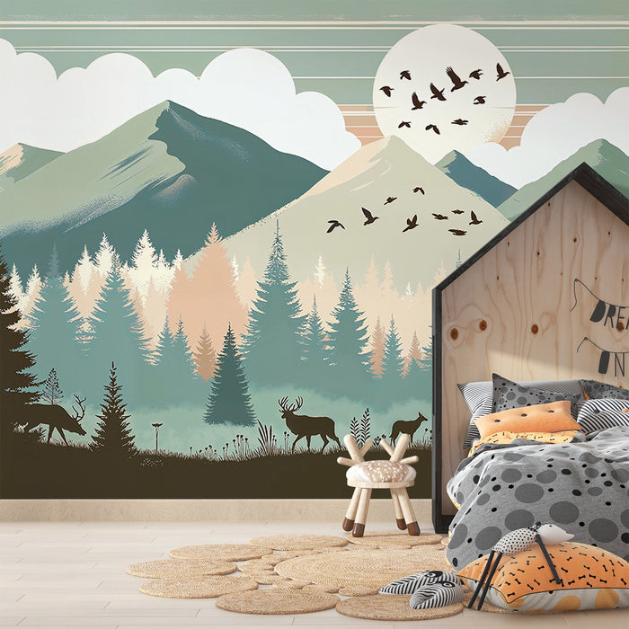 Mountain Baby Mural Wallpaper | Pine Trees, Animals, and Full Moon