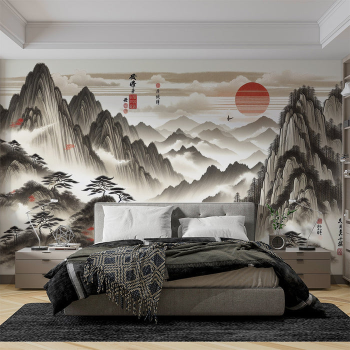 Japanese Mountain Mural Wallpaper | Neutral Tones with a Touch of Red
