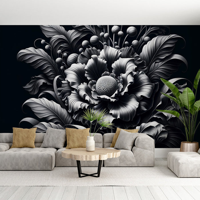 Black and White Mural Wallpaper | Large Flowers with Foliage