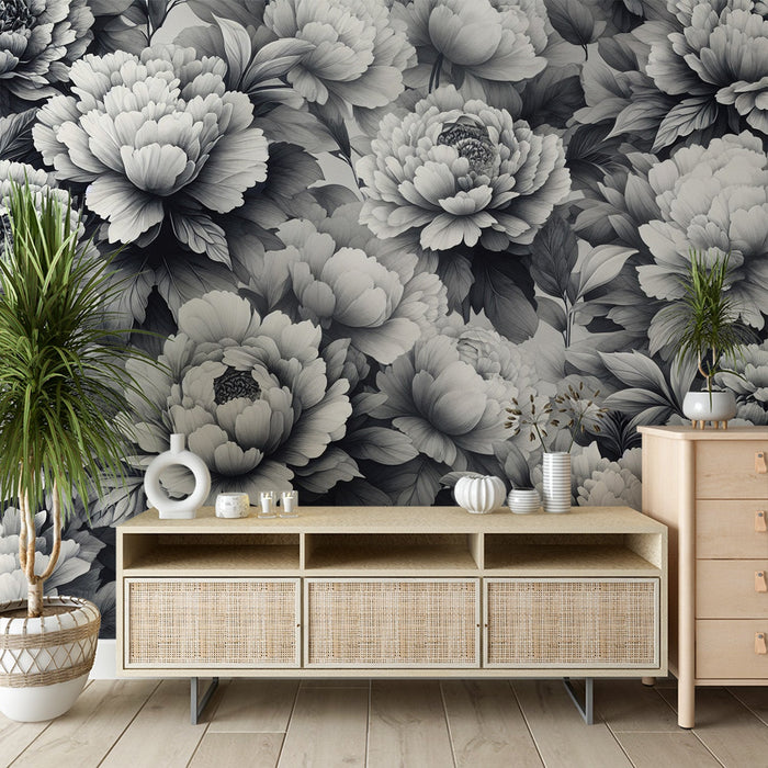 Black and White Mural Wallpaper | Large Flowers and Foliage