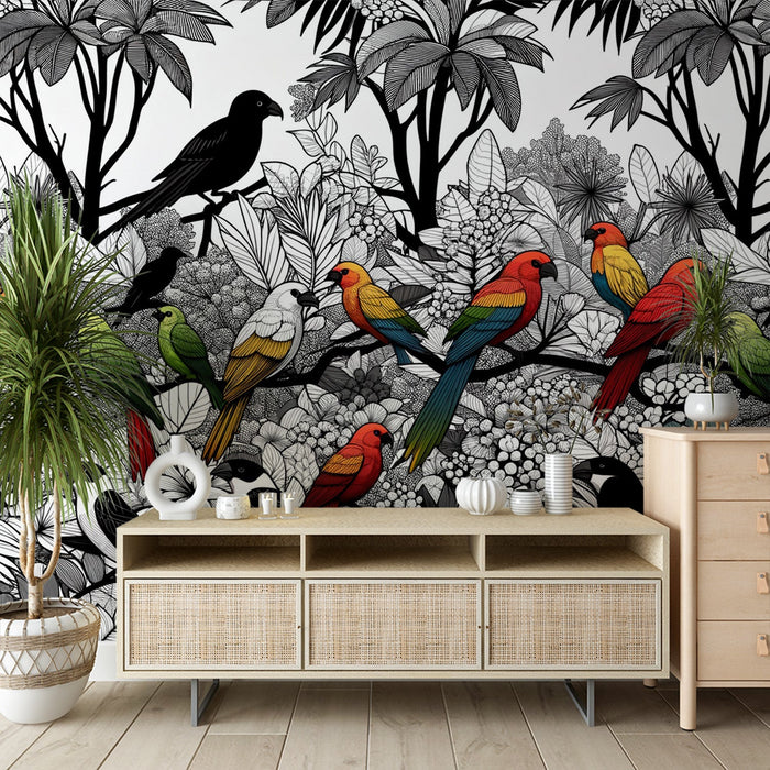 Black and White Mural Wallpaper | Colorful Parrots Surrounded by Foliage