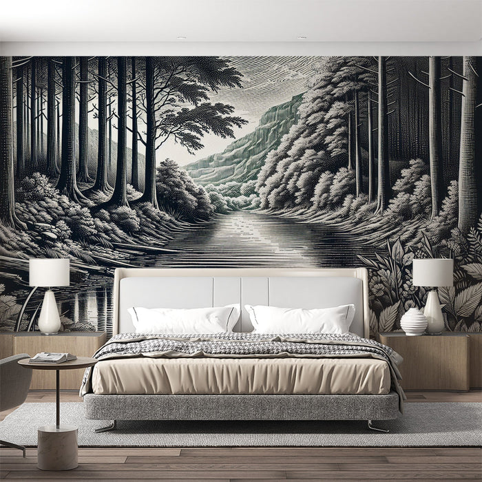 Black and White Mural Wallpaper | Calm River, Massive Trees, and Mountainous Terrain
